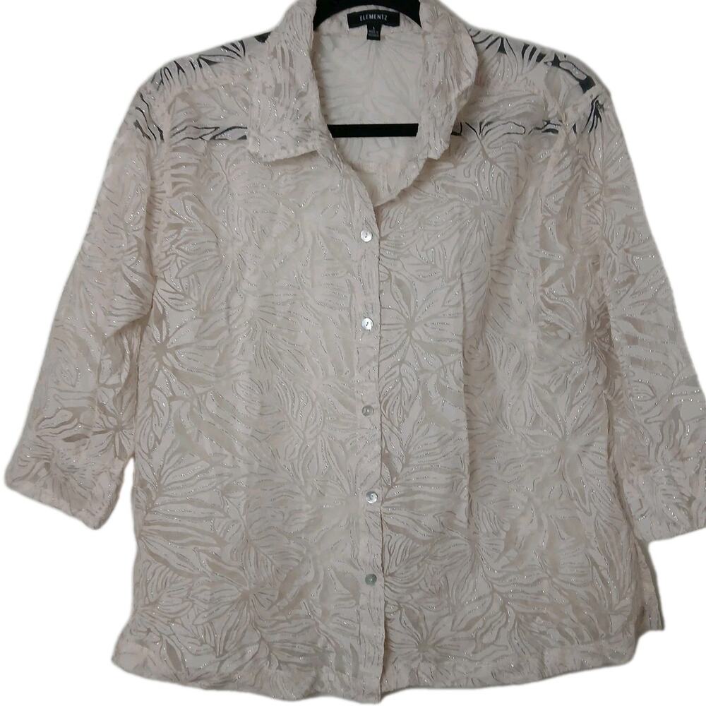 Elementz Women's Sheer Button Up Blouse L Beige Metallic‎ Floral Embroidered Top
